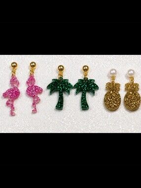 3-Pair Tropical Glitter Earrings Set | Flamingo, Palm Tree & Pineapple | Florida